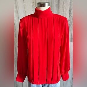 Vintage Chaus Red Sheer Pleated High Neck Blouse Size 8 Feminine Romantic‎ Top